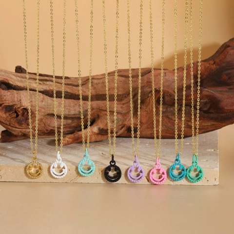 Smiley Face Pendant Necklace Copper Enamel Colorful Paint Hollow Out Minimalist Fashion Jewelry Women