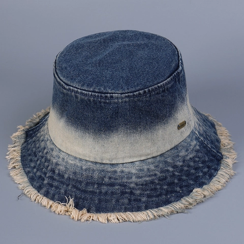 Ombre Denim Fischerhut Ausgefranster Rand Fransen Sonnenschutz Outdoor Retro Lässige Anglerkappe Verstellbar