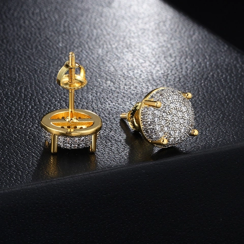 Orecchini a Bottone Iced Out a Cupola Rotonda Hip Hop per Uomo Donna Rame Zirconia Pavé Strass Orecchini Chiusura a Vite Gioielli