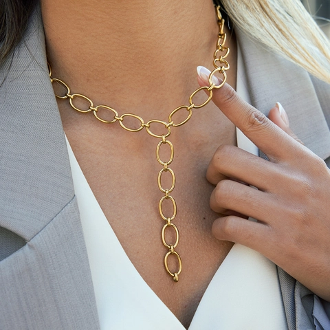 Minimalist Stainless Steel Oval Link Y-Shaped Necklace For Women Gold Plated Geometric Long Sweater Chain Fashion Jewelry Neck Accessory