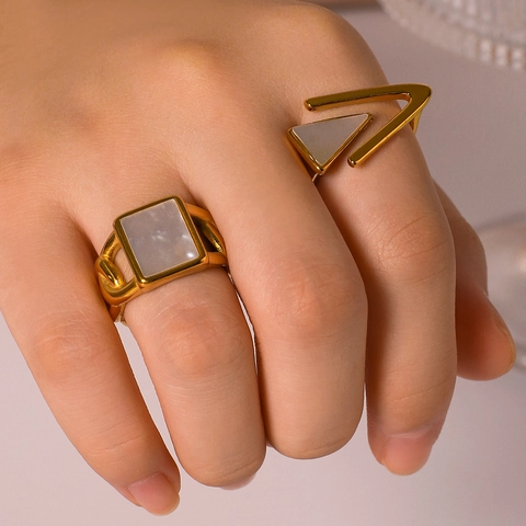 Geometrische Ringe Edelstahl 18K Vergoldet Natürliche Weiße Muschel Inlay Retro Minimalistisch Fingerschmuck Für Damen
