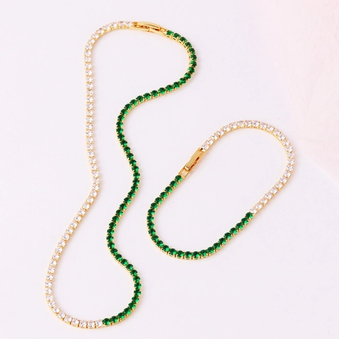 Collana In Zircone Verde Smeraldo E Chiaro Bicolore Placcata Oro 18K Ottone Catena Da Tennis Gioielli Retro Per Donne
