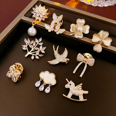 Spilla Vintage Rame Zircone Perla Artificial Sintetica Madreperla Animale Pianta Forma Spilla Elegante Per Donne Gioielli Regalo