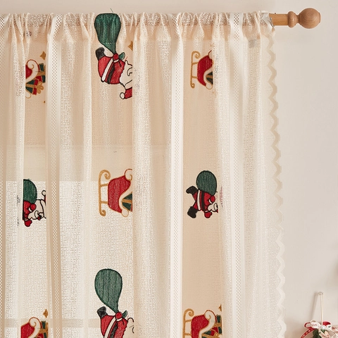 Christmas Santa Claus Embroidered Lace Curtains For Bedroom Living Room Semi Shading White Rod Pocket Festive Home Decor Window Drape