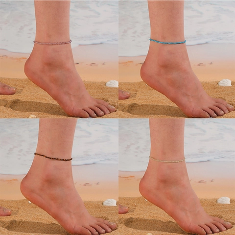Natural Stone Beaded Anklet Stainless Steel Turquoise Crystal Stackable Summer Beach Foot Jewelry Minimalist For Women