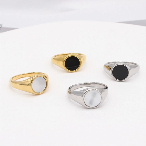 Anello Sigillo Rotondo Minimalista Acciaio Titanio Con Conchiglia Naturale E Smalto Gioielli Unisex Moderni