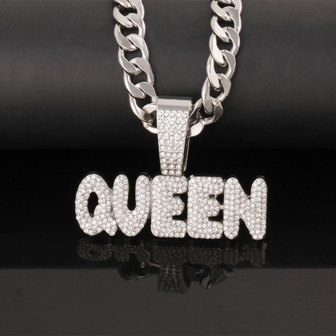 Hip Hop Iced Out Queen Letter Pendant Necklace Zinc Alloy Full Rhinestone Cuban Twist Chain Streetwear Jewelry For Women