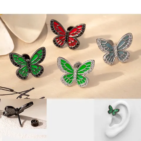 Butterfly Enamel Cartilage Stud Earring With Zircon Stainless Steel Screw Back Helix Piercing Vintage Jewelry For Women