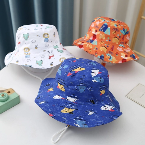 Kids Bucket Hat Cotton Cartoon Animal Print Sun Hat With Adjustable Wind Rope For Toddler Boys Girls Outdoor