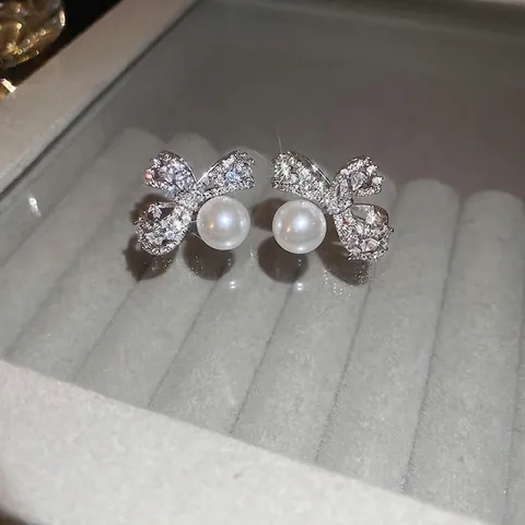 Strik Hangoorbellen Met Zirkonia Inleg En Kunstparelhanger Zilveren Oorsteker Elegante Franse Stijl Dames Sieraden