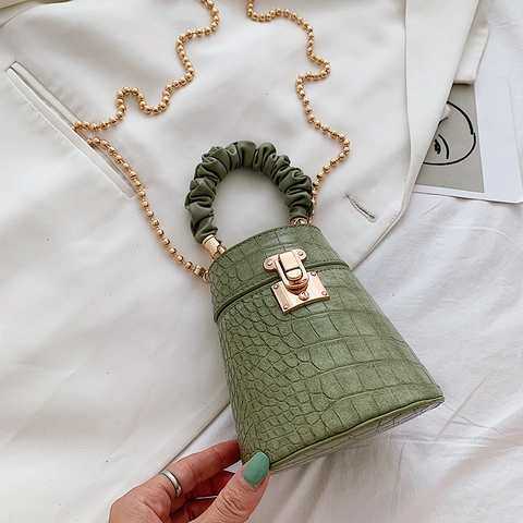 Mini Sac Seau Pour Femmes Motif Crocodile Avec Poignée Plissée Et Chaîne Dorée Sac À Main En Cuir PU