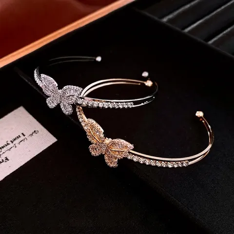 Butterfly Open Cuff Bangle Copper Zircon Inlaid Adjustable Elegant Luxury Bracelet For Women Fashion Jewelry