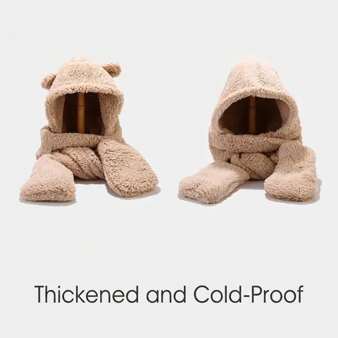Sciarpa Con Cappuccio In Peluche Sherpa Pile Con Orecchie Di Orso Caldo Inverno Set Integrato Per Donna