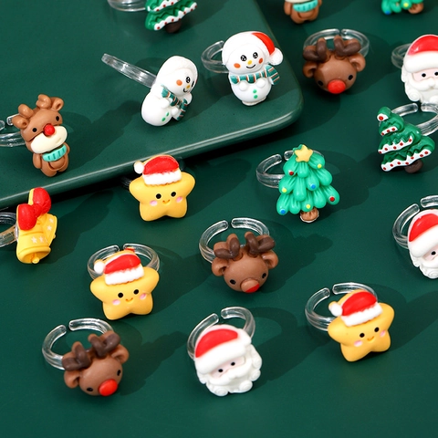 Kerst Tekenfilm Hars Vingerring Voor Kinderen Kerstman Sneeuwpop Rendier Boom Patroon Schattige Verstelbare Open Ringen Kerstfeest Gunsten Cadeaus Meisjes Sieraden
