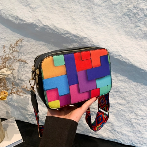Women Colorful Geometric Block Shoulder Bag PU Leather Wide Strap Contrast Plaid Street Fashion Crossbody Camera Bag