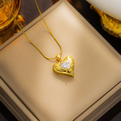 Titanstahl Herz Anhänger Halskette Für Damen Glänzende Strass Herz Stern Schlangenkette Mode Minimalistischer Schmuck Geschenk