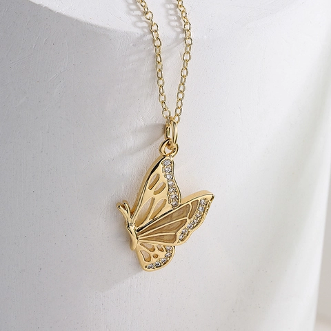 Collier Pendentif Papillon Cuivre Plaqué Or 18K Émail Zircon Inlay Chaîne Clavicule Bijoux De Niche Pour Femmes