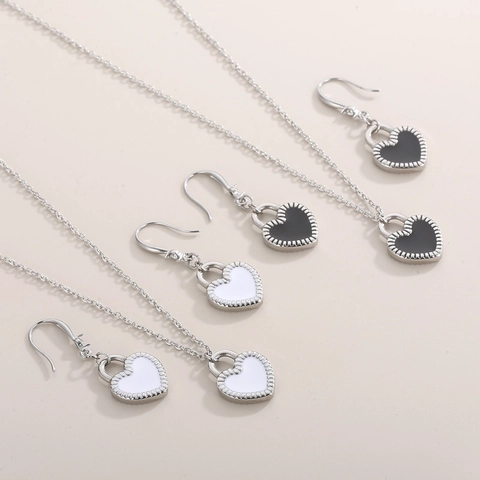 Collar Pendientes Y Pulsera De Corazón De Acero Inoxidable Esmalte Elegante Moda Para Mujer