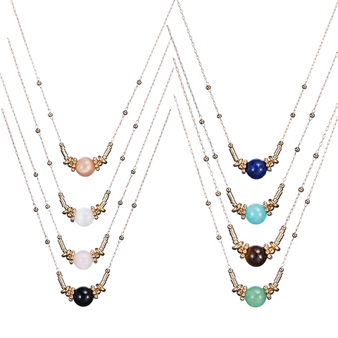 Natural Gemstone Round Bead Pendant Necklace Stainless Steel Clavicle Chain Gold Plated Elegant Jewelry Gift For Women