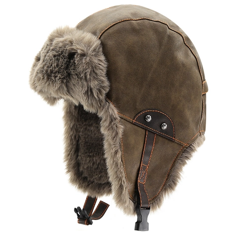 Gorro De Aviador De Invierno Cuero PU Forro De Piel Sintética Cálido Orejeras Resistente Al Viento Esquí Unisex