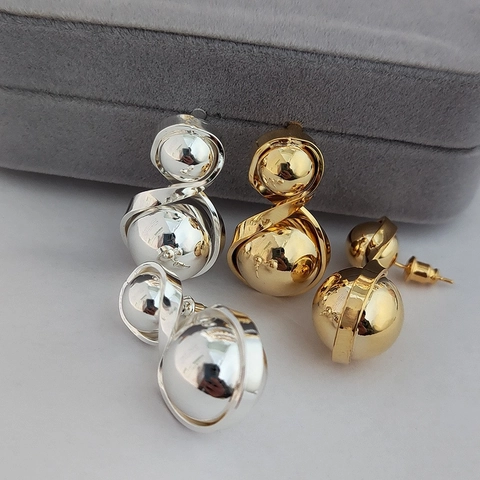 Geometric Double Ball Stud Earrings Copper Gold Plated Twisted Spiral Minimalist Vintage Elegant Jewelry For Women
