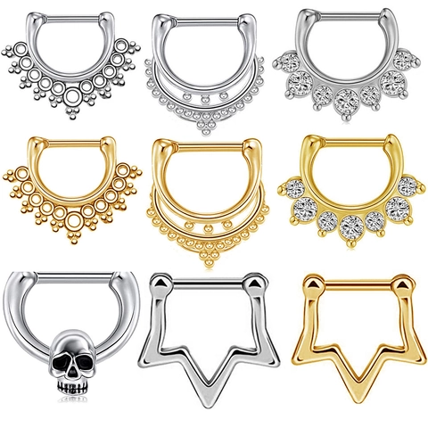 Septum Clicker Nose Rings Stainless Steel Cubic Zirconia Hinged Hoop Piercing Jewelry Skull Star Tribal Punk Women Men
