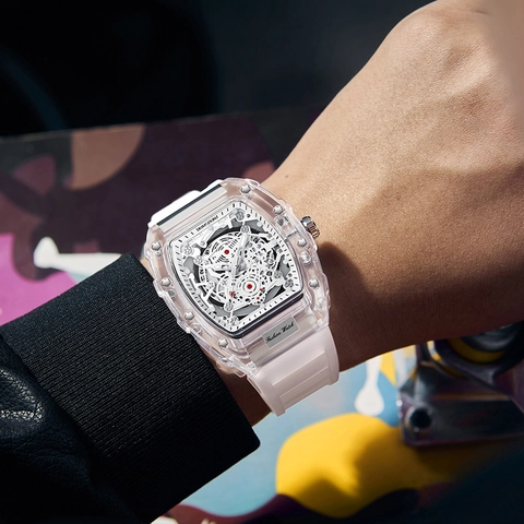 Men Fashion Transparent Tonneau Quartz Watch Hollow Dial Waterproof Luminous Silicone Strap Luxury Sport Wristwatch For Men