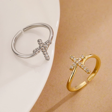 Cross Open Ring Copper Plated Gold Silver With Cubic Zirconia Geometric Adjustable Elegant Jewelry For Women