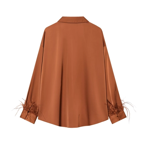 Elegant Satin Long Sleeve Shirt Blouse With Feather Trim Cuffs Lapel Button Down Fashion Solid Color For Women