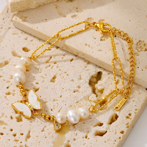 Elegante Pulsera de Mariposa de Acero Inoxidable Bañada en Oro de 14K con Perla Artificial para Mujer Joyería de Moda Strass