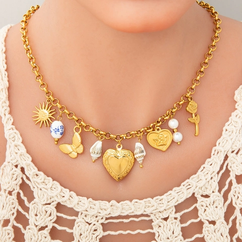 Vintage Stainless Steel Heart Necklace For Women Bohemian Multi-Charm Butterfly Shell Boot Evil Eye Pendant Locket Chain Jewelry