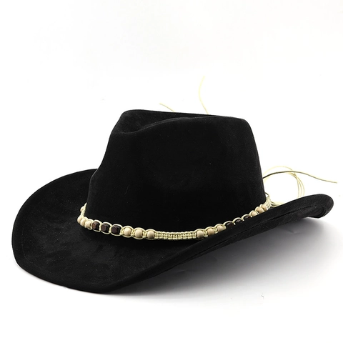 Western Cowboyhoed Suède Polyester Brede Rand Vintage Etnische Stijl Houten Kralenband Voor Outdoor Reizen Unisex