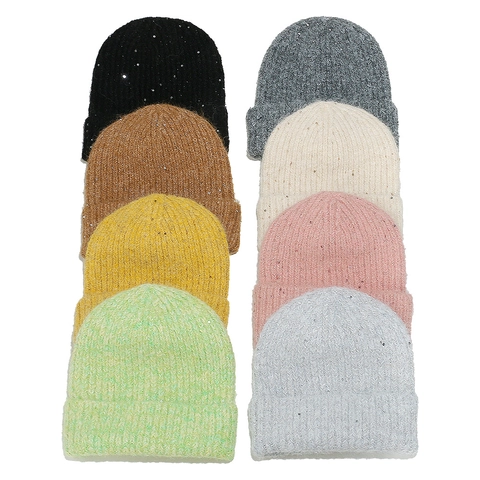 Women Beanie Hat Wool Blend Knit Sequin Sparkle Warm Winter Outdoor Cuffed Ribbed Cap Stylish Lightweight Cozy Accessory