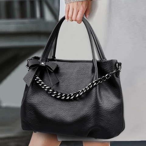 Large Capacity Handbag PU Leather Litchi Pattern Shoulder Bag With Metal Chain And Bow Decor For Women Daily Commuting