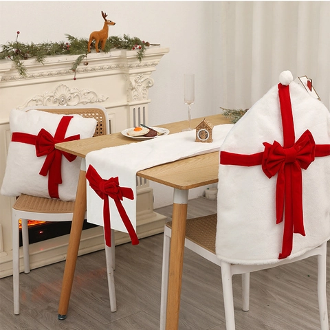 Ensemble Décoration Noël Peluche Chemin De Table Housse De Chaise Taie D'oreiller Velours Nœud Doux Festif Maison