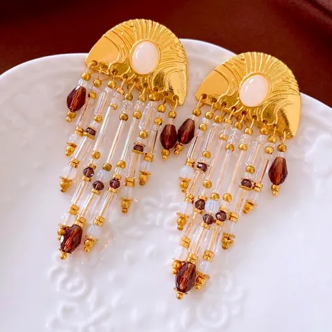 Orecchini A Nappa Vintage A Forma Di Ventaglio Semicircolare Con Perline Di Vetro Lega E Perno In Argento
