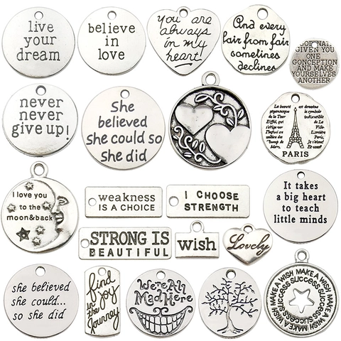 Alloy Charms Pendants Motivational English Quotes Retro Silver For Jewelry Making Bracelet DIY Crafts Letter Word Tags