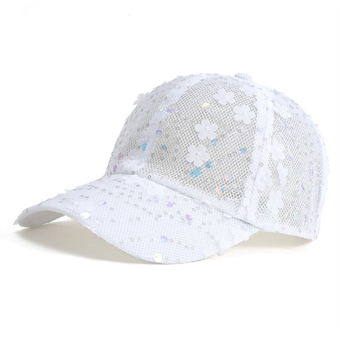 Gorra De Béisbol Mujer Malla Transpirable Protección Solar Apliques Florales 3D Lentejuelas Chic Moda Color De Contraste
