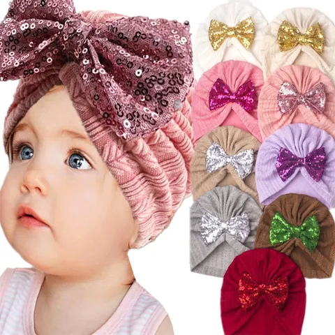Baby Turban Hat Soft Knitted Beanie With Large Sequin Bow Cute Infant Newborn Toddler Headwrap Fashion Accessories