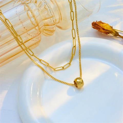 Collana A Doppio Strato Titanio Acciaio Inossidabile Ciondolo A Sfera Geometrica Sfaccettata Moda Gioielli Minimalisti Donna