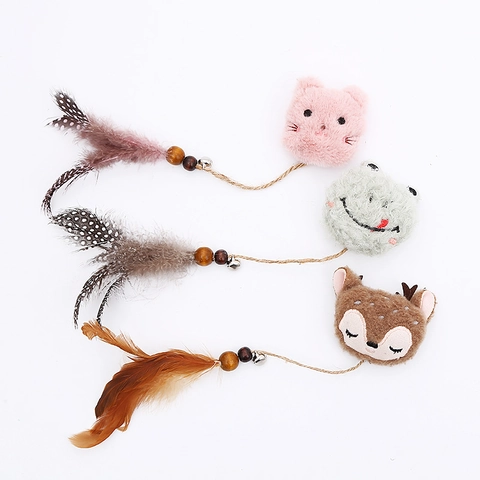 Interactive Cat Teaser Toy Plush Cartoon Animal Head Natural Feather Wood Beads Bell For Kittens