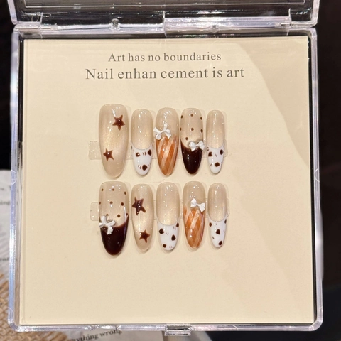 Handgefertigte Französische Leoparden Aufpressnägel Braun Schokoladenmousse 3D Schleife Stern Lang Oval Künstliche Nägel Damen