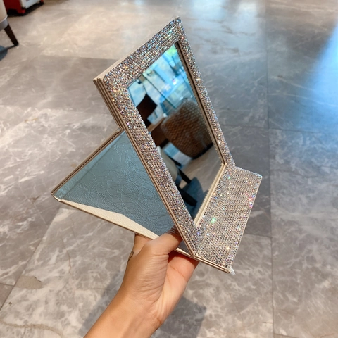 Foldable Makeup Mirror With Sparkly Rhinestone PU Leather Portable Desktop Rectangular Bling Vanity Mirror For Women
