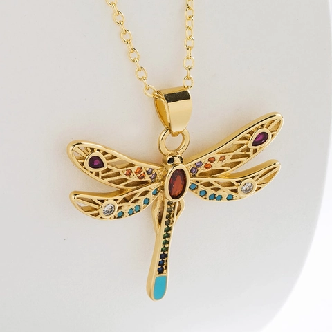 Dragonfly Pendant Necklace Copper Gold Plated Colorful Zircon Hollow Filigree Animal Jewelry For Women French Elegant