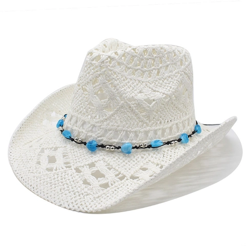 Chapeau De Cow-Boy En Paille Creuse Protection Solaire Plage D'été Bord Large Avec Perles Bleues Style Western