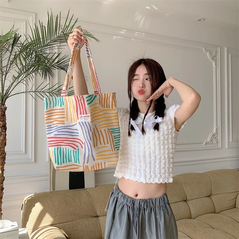 Corduroy Tote Bag Colorful Abstract Stripe Large Capacity Shoulder Handbag For Women Daily Commute Artistic Casual Style