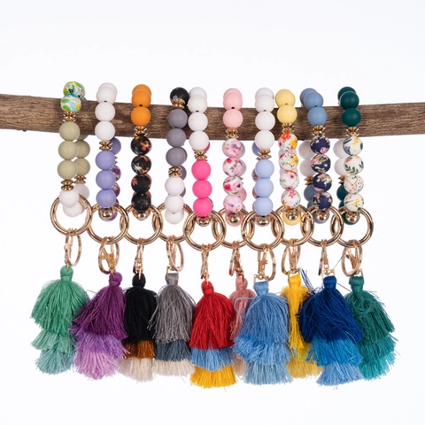 Siliconen Kralen Armband Sleutelhanger Met Drielaagse Kwast Boheems Polsbandje Sleutelring Band Accessoire