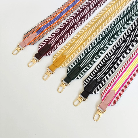 Wide Bag Strap Replacement Woven Polyester Leather Ends Metal Gold Hook Adjustable Geometric Striped Crossbody Handbag