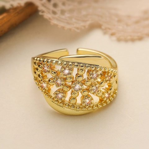 Hollow Geometric Flower Adjustable Open Ring Gold Plated Copper Zircon Chic Luxury Style Jewelry For Women