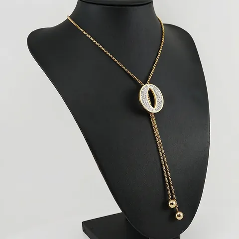 Long Sweater Lariat Necklace Stainless Steel 18K Gold Plated Rhinestone Geometric Pendant Adjustable Tassel Jewelry Women